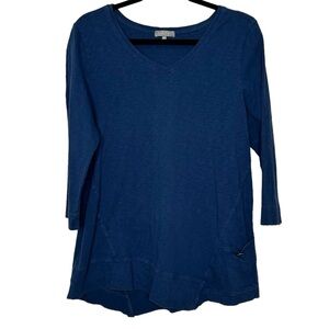 Habitat Blue V-Neck Asymmetric Hemline Slouchy Button Pocket Lagenlook Top Sz M